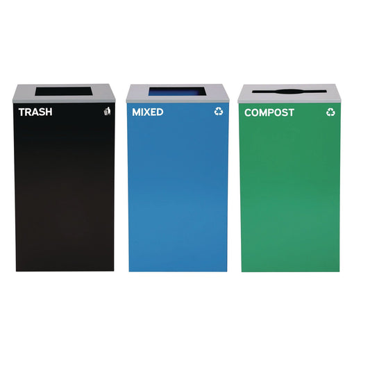 Alpine Industries 29 Gallon Trash/Recycling Cans, Steel, Blue Mixed Recycling and Black Trash Cans w/Square Lids, Green Compost Can w/Mixed Lid