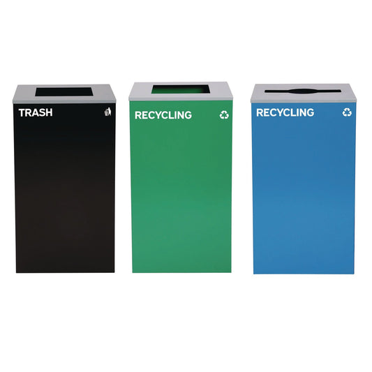 Alpine Industries 29 Gallon Trash/Recycling Cans, Steel, Blue Recycling Can w/Mixed Lid, Green Recycling Can and Black Trash Can with Sq Lid