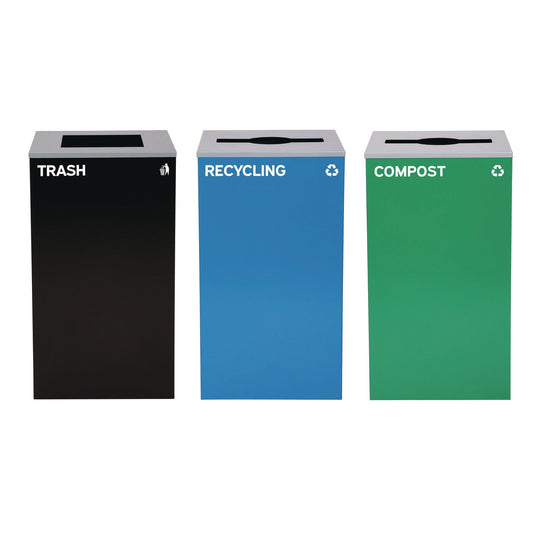 Alpine Industries 29 Gallon Trash/Recycling Cans, Steel, Blue Recycling Can and Green Compost Can w/Mixed Lids, Black Trash Can with Square Lid