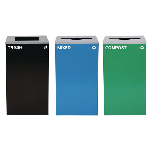 Alpine Industries 29 Gallon Trash/Recycling Cans, Steel, Blue Mixed Recycling and Green Compost Cans w/Mixed Lids, Black Trash Can w/Square Lid