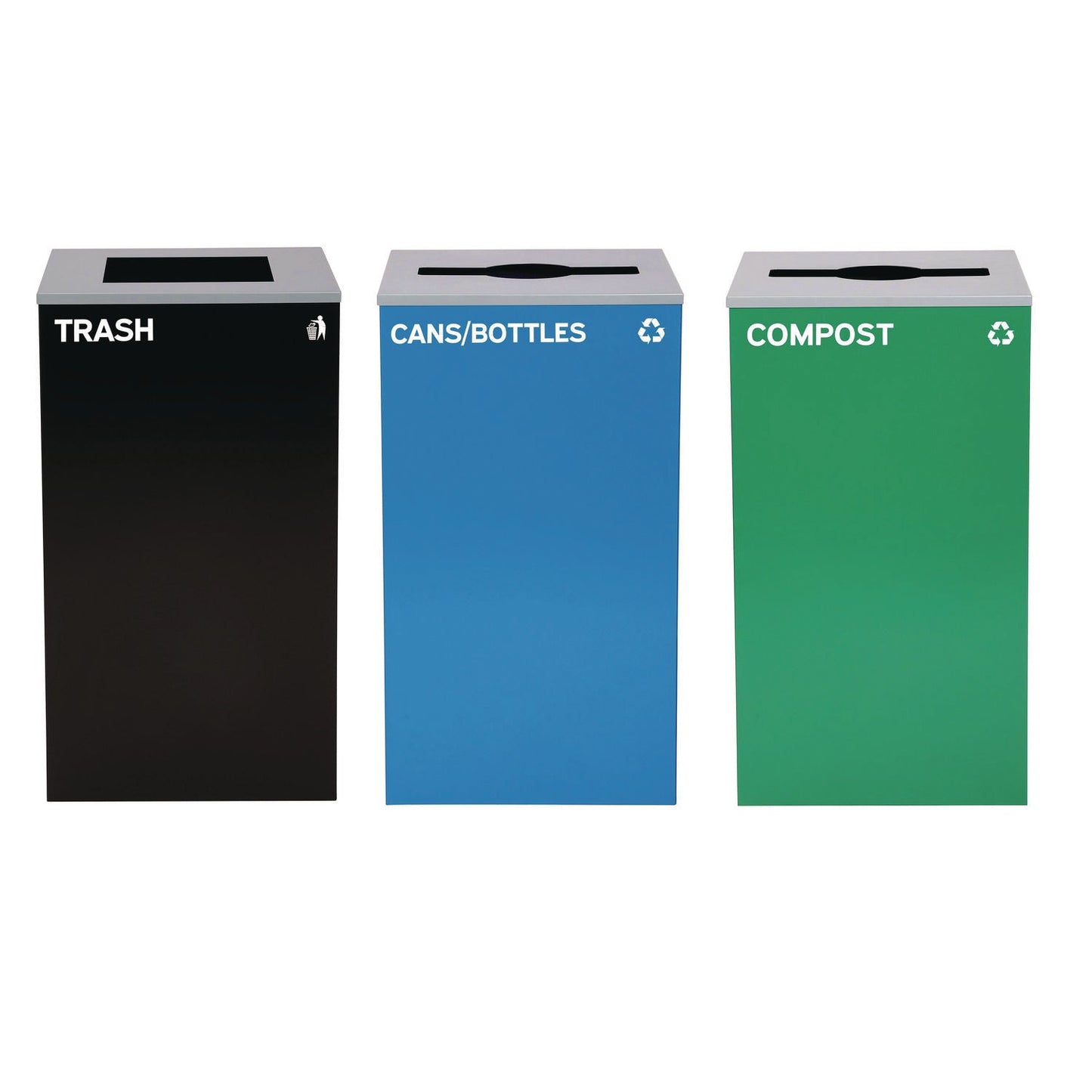 Alpine Industries 29 Gallon Trash/Recycling Cans, Steel, Blue Cans/Bottles Recycling and Green Compost Can w/Mixed Lid, Black Trash Can Sq Lid