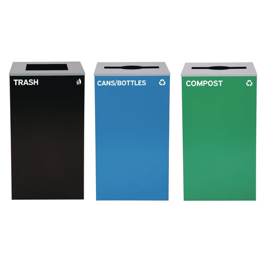 Alpine Industries 29 Gallon Trash/Recycling Cans, Steel, Blue Cans/Bottles Recycling and Green Compost Can w/Mixed Lid, Black Trash Can Sq Lid