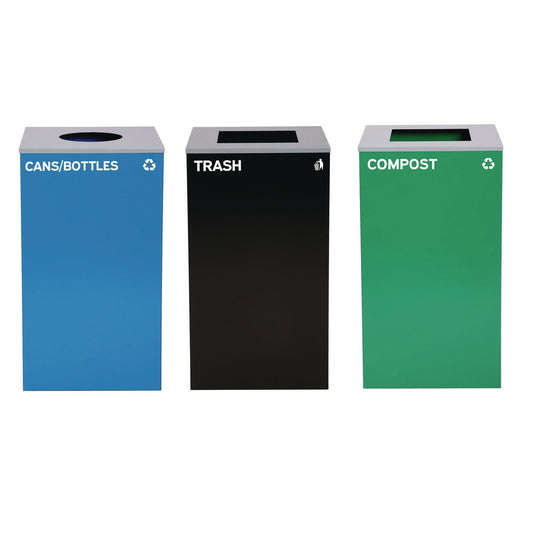 Alpine Industries 29 Gallon Trash/Recycling Cans, Steel, Blue Cans/Bottles with Circle Lid, Green Compost and Black Trash Cans with Square Lids