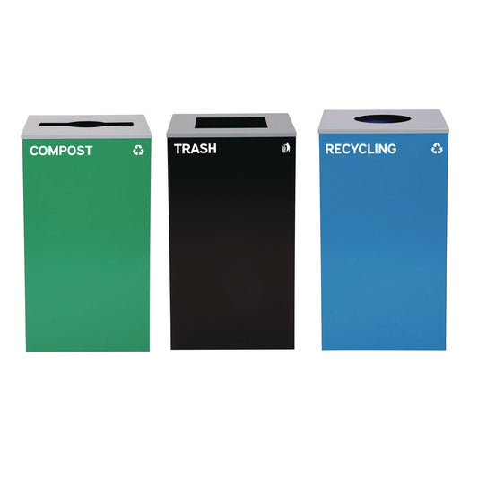 Alpine Industries 29 Gallon Trash/Recycling Cans, Steel, Blue Recycling Can w/Circle Lid, Green Compost w/Mixed Lid, Black Trash w/Square Lid