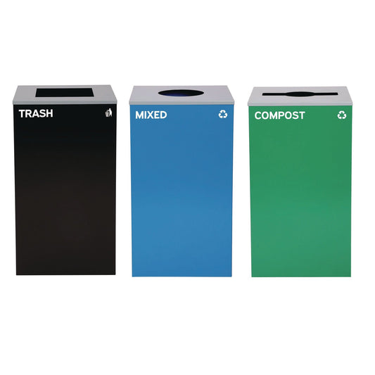 Alpine Industries 29 Gallon Trash/Recycling Cans, Steel, Blue Mixed Recycling w/Circle Lid, Green Compost w/Mixed Lid, Black Trash w/Square Lid