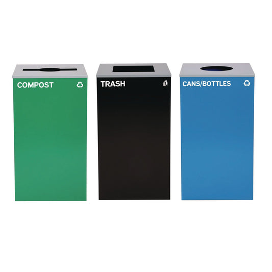 Alpine Industries 29 Gallon Trash/Recycling Cans, Steel, Blue Cans/Bottles Recycling w/Circle Lid, Green Compost w/Mixed Lid, BK Trash w/Sq Lid