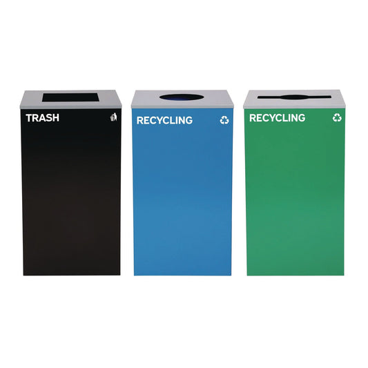 Alpine Industries 29 Gallon Trash/Recycling Cans, Steel, Blue Recycling Can w/Circle Lid, Green Recycling w/Mixed Lid, Black Trash w/Square Lid
