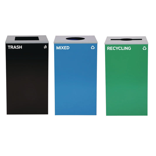 Alpine Industries 29 Gallon Trash/Recycling Cans, Steel, Blue Mixed Recycling w/Circle Lid, Green Recycling w/Mixed Lid, Black Trash w/Sq Lid