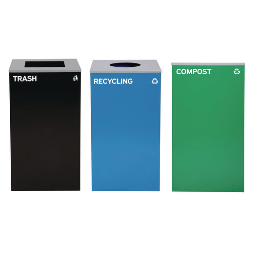 Alpine Industries 29 Gallon Trash/Recycling Cans, Steel, Blue Recycling Can w/Circle Lid, Green Compost Can and Black Trash Can w/Square Lids