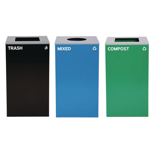 Alpine Industries 29 Gallon Trash/Recycling Cans, Steel, Blue Mixed Recycling Can w/Circle Lid, Green Compost and Black Trash Cans w/Sq Lids