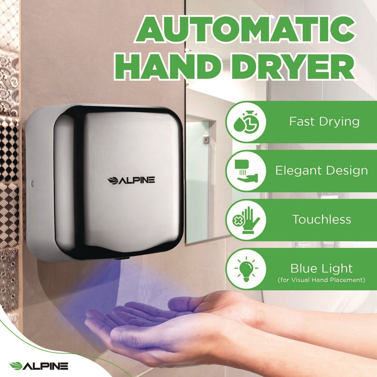 Alpine Industries Hemlock Commercial Automatic 120V Hand Dryer, 6.68 x 11.41 x 12.31, Stainless Steel, Chrome