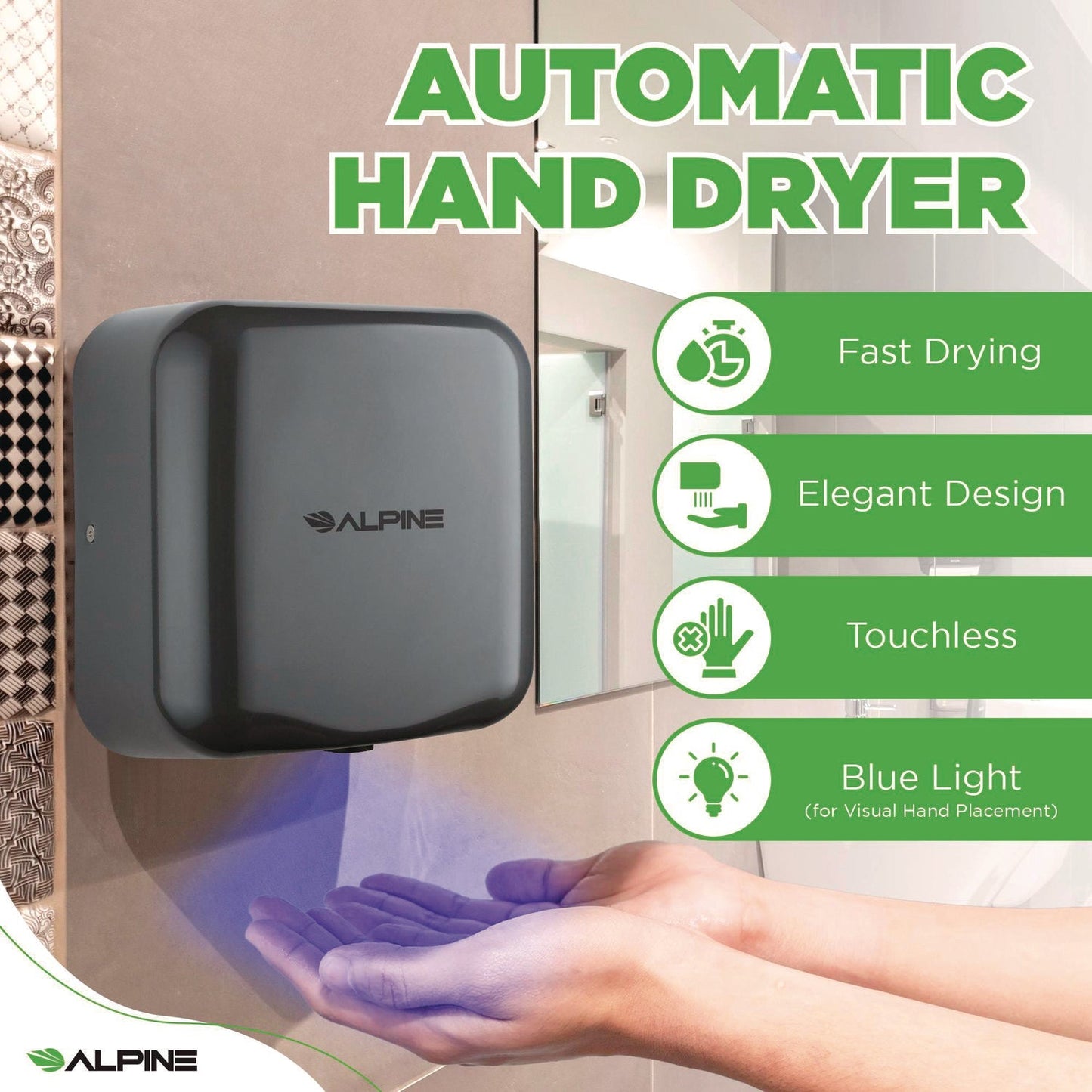 Alpine Industries Hemlock Commercial Automatic 120V Hand Dryer, 6.68 x 11.41 x 12.31, Stainless Steel, Gray