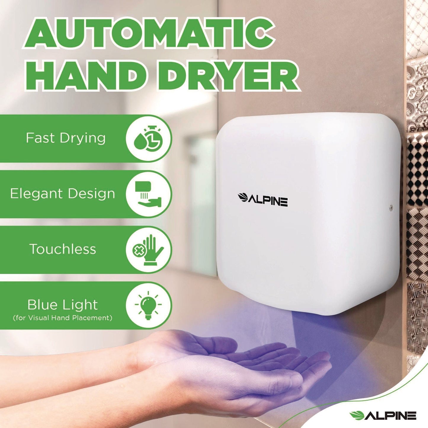 Alpine Industries Hemlock Commercial 220V Automatic Hand Dryer, 6.68 x 11.41 x 12.31, Stainless Steel, White