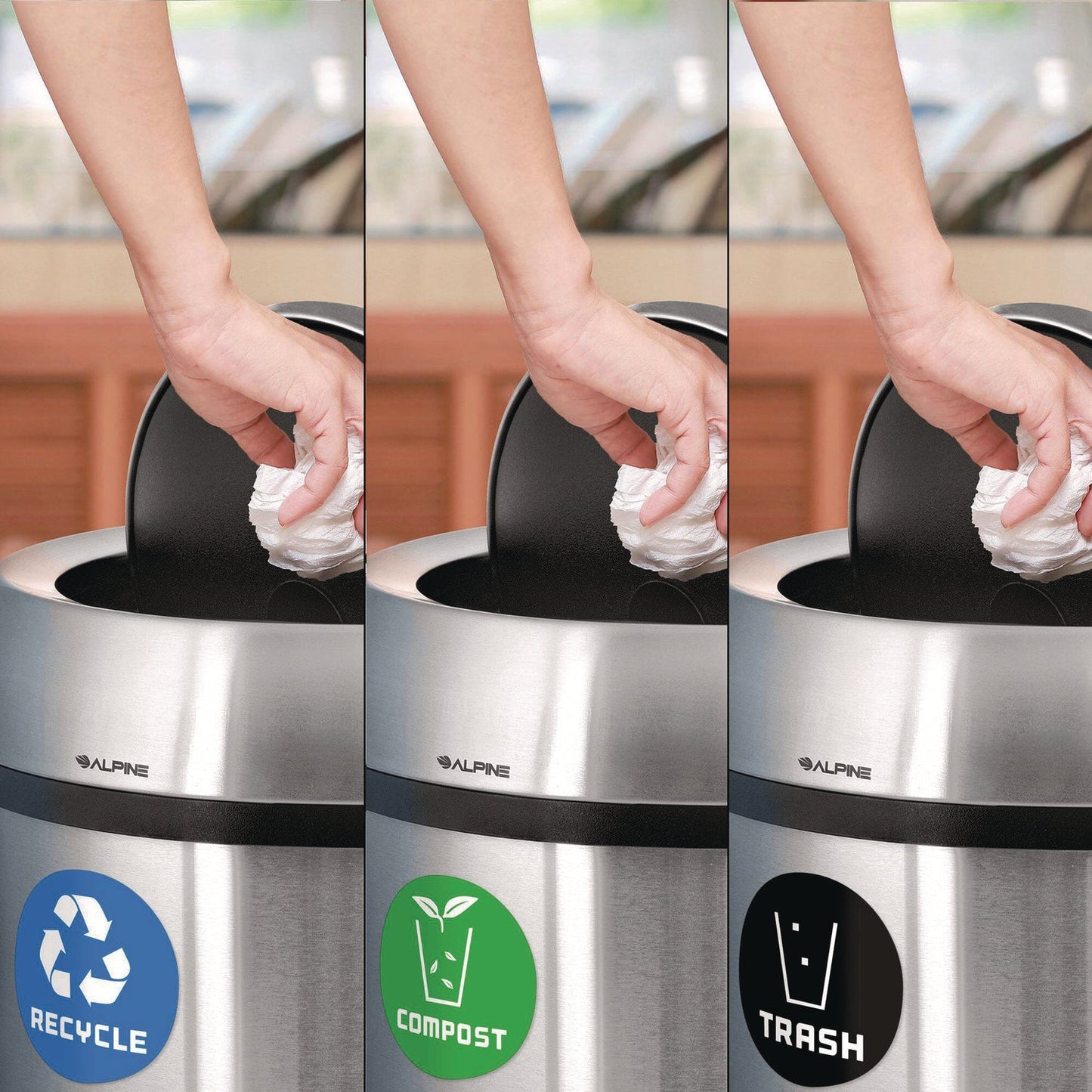 Alpine Industries 17 Gallon Stainless Steel Indoor Recycling, Trash and Compost Bins with Swivel Lid