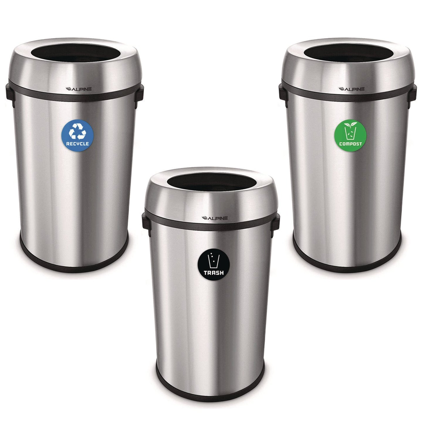 Alpine Industries 17 Gallon Stainless Steel Open Top Recycling, Trash and Compost Station