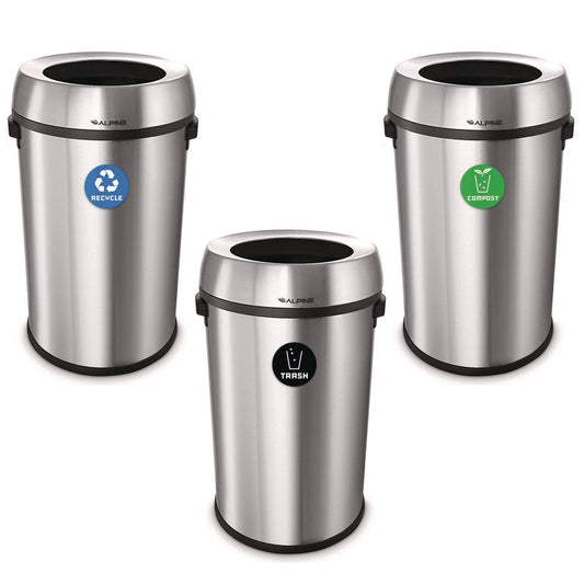 Alpine Industries 17 Gallon Stainless Steel Open Top Recycling, Trash and Compost Station
