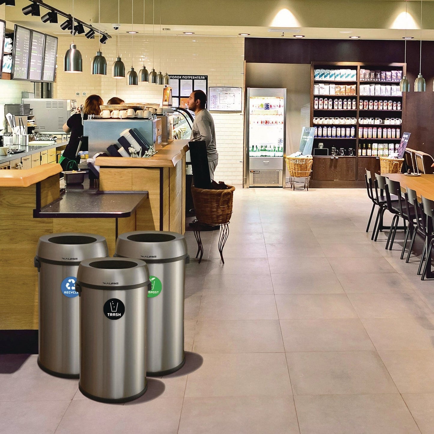 Alpine Industries 17 Gallon Stainless Steel Open Top Recycling, Trash and Compost Station