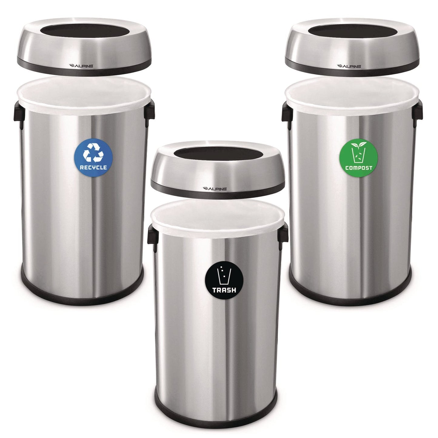 Alpine Industries 17 Gallon Stainless Steel Open Top Recycling, Trash and Compost Station