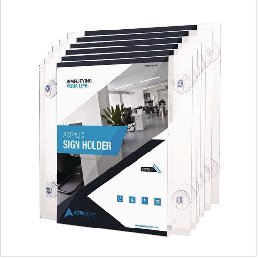 AdirOffice Suction-Mount Acrylic Window Sign Holders, 8.5 x 11, Clear, 12 Sign Holders