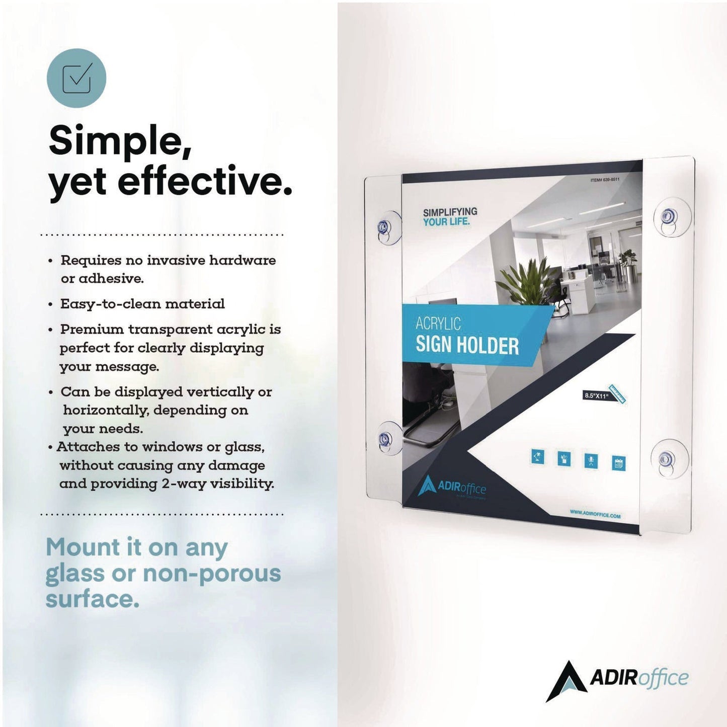 AdirOffice Suction-Mount Acrylic Window Sign Holders, 8.5 x 11, Clear, 12 Sign Holders