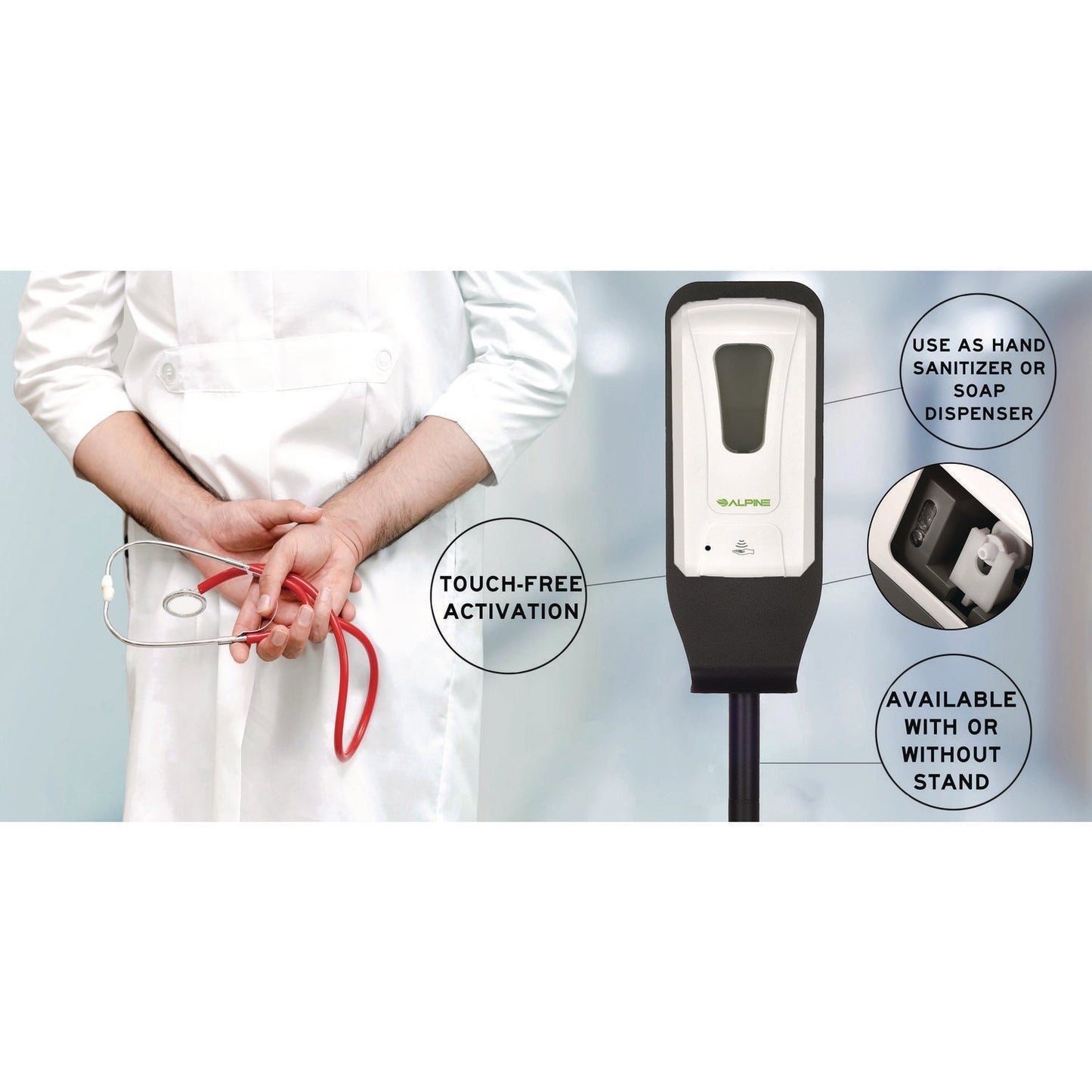 Alpine Industries Automatic Foam Hand Sanitizer/Soap Dispenser with Floor Stand, 40 oz, 4.48 x 6 x 45, White