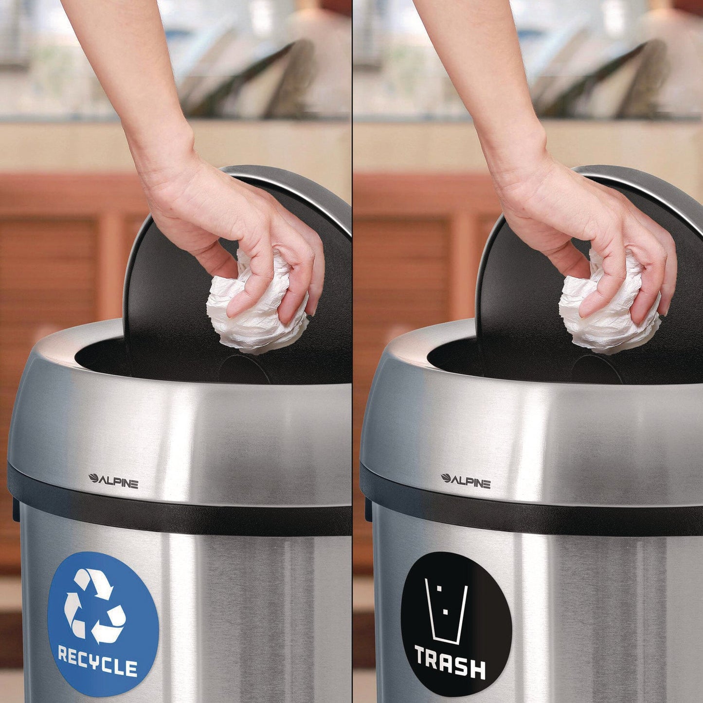 Alpine Industries 17 Gallon Stainless Steel Indoor Recycling Receptacle and Trash Station Swivel Lids