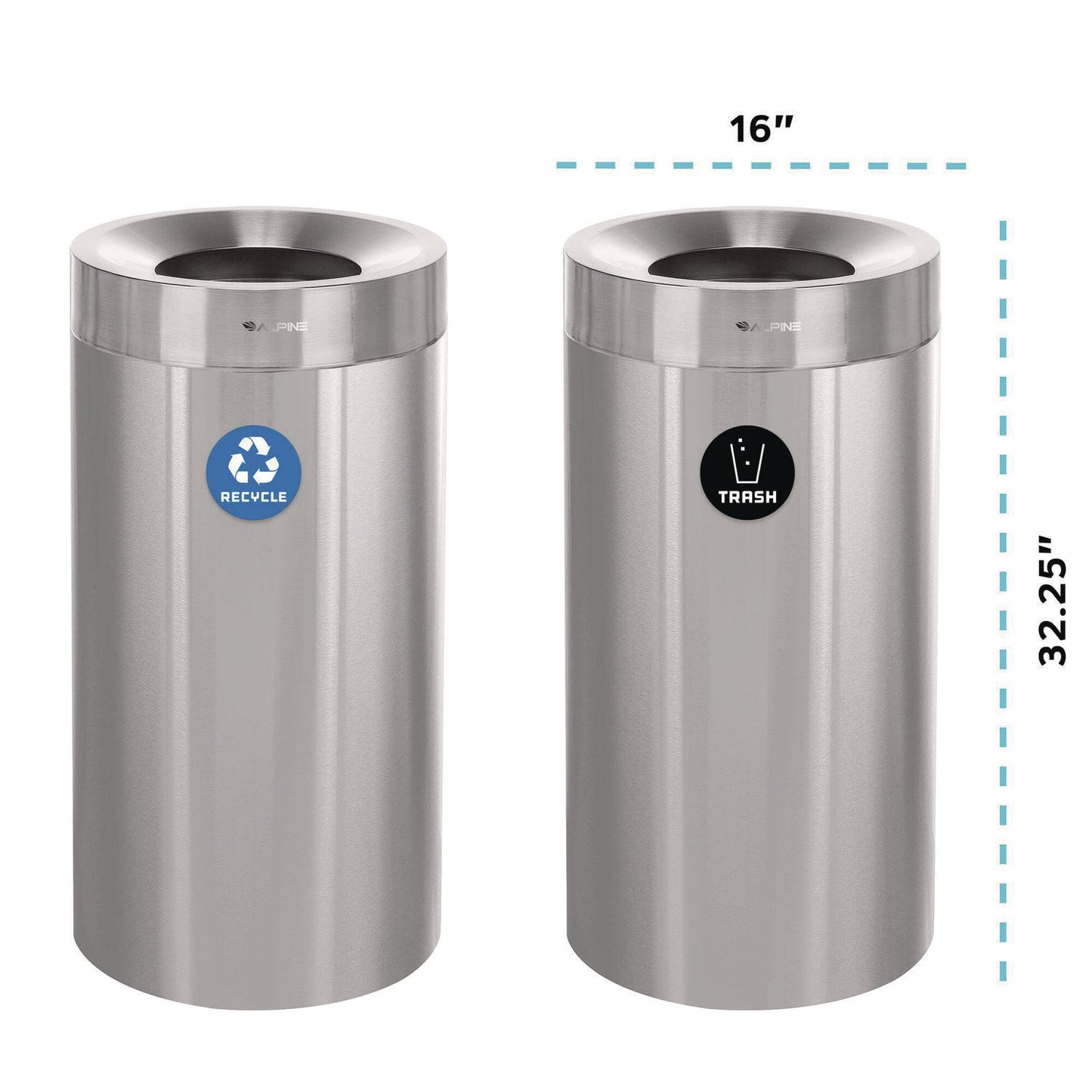 Alpine Industries 27 Gallon Stainless Steel Recycling Can and Trash Receptacle, Brushed Stainless Steel