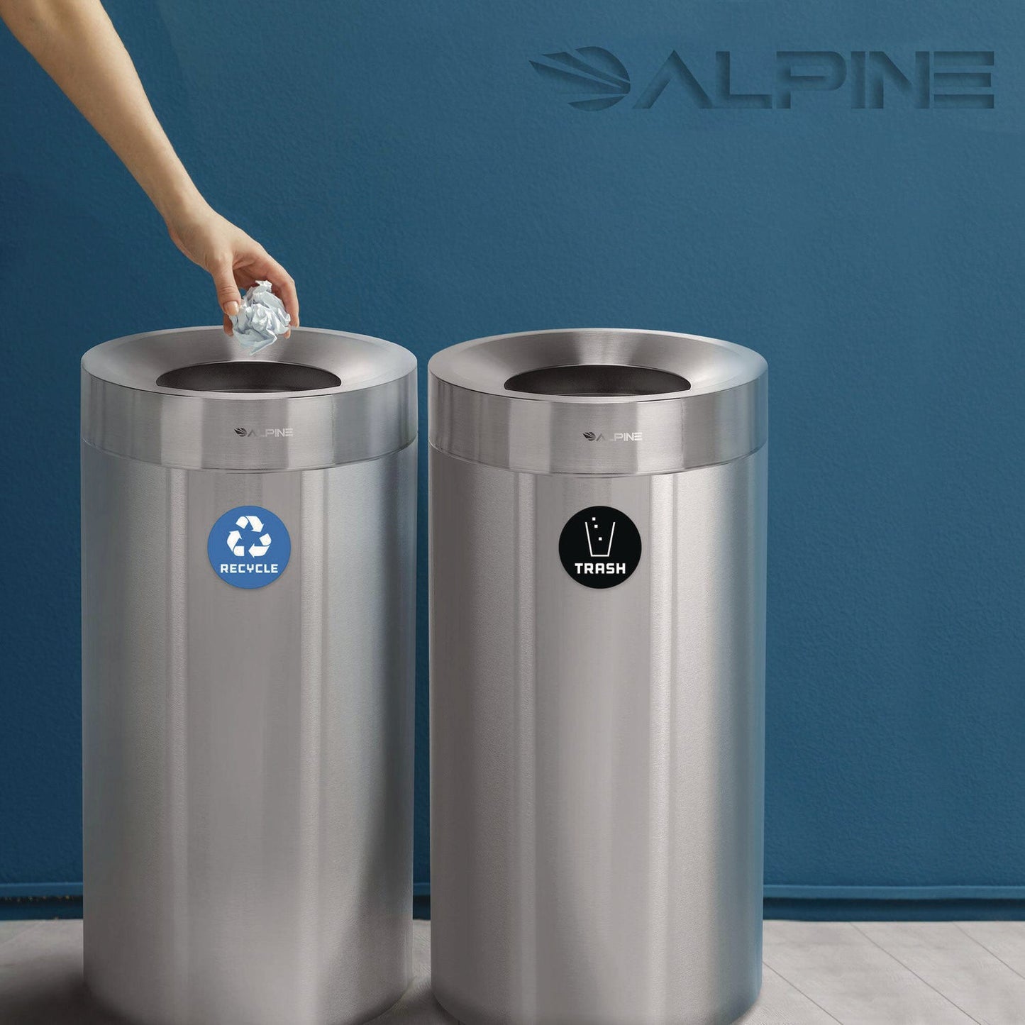Alpine Industries 27 Gallon Stainless Steel Recycling Can and Trash Receptacle, Brushed Stainless Steel