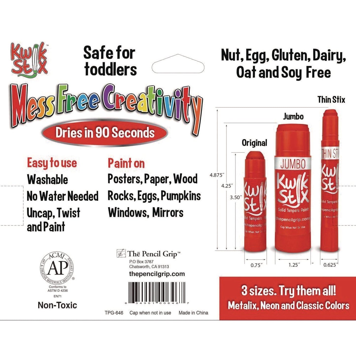 TPG Creations™ Kwik Stick Tempera Paint, 6 Assorted Classic Colors, 6/Pack, 12 Packs/Carton