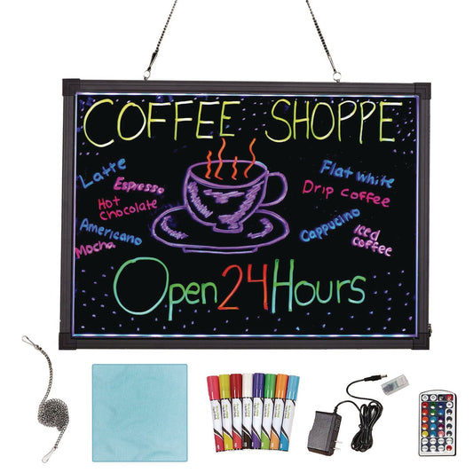 Alpine Industries LED Illuminated Hanging Message Writing Board, 19.7" x 27.6", Black Surface, Black Aluminum Frame