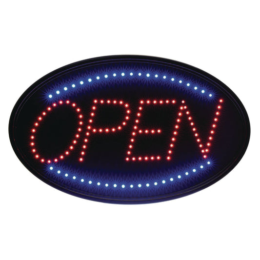 Alpine Industries LED Oval Open Sign, 23 x 14, Black Frame, Blue/Red Graphics