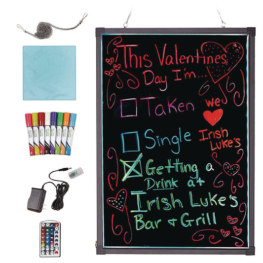 Alpine Industries LED Illuminated Hanging Message Writing Board, 23.6" x 31.5", Black Surface, Black Aluminum Frame
