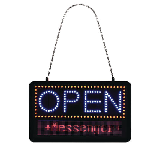 Alpine Industries LED Programmable Message Board Open Sign, 22 x 13, Black Frame, Blue/Red Graphics