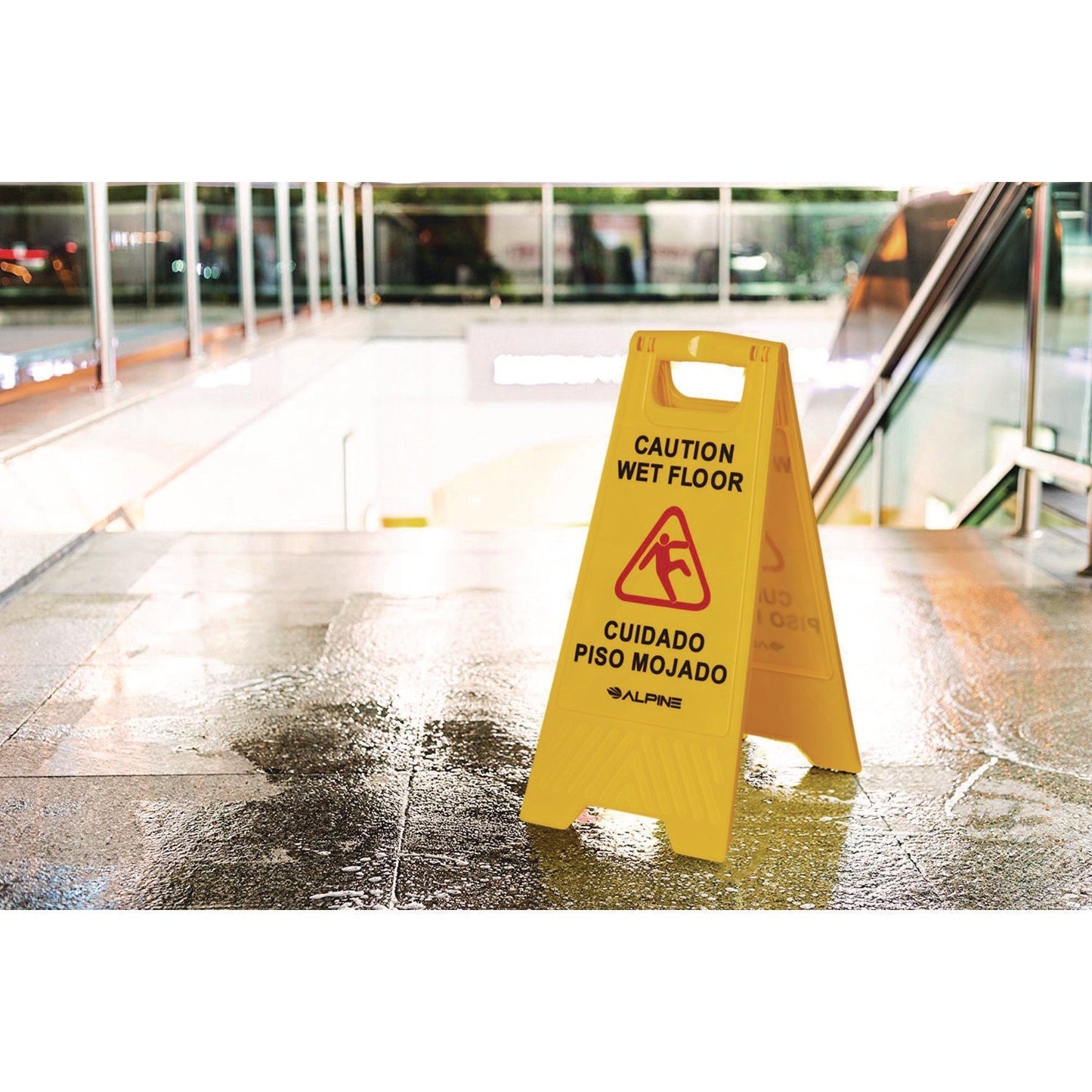 Alpine Industries Bilingual Caution Wet Floor Sign, 11.8 x 0.7 x 24.6, Yellow, 3/Carton