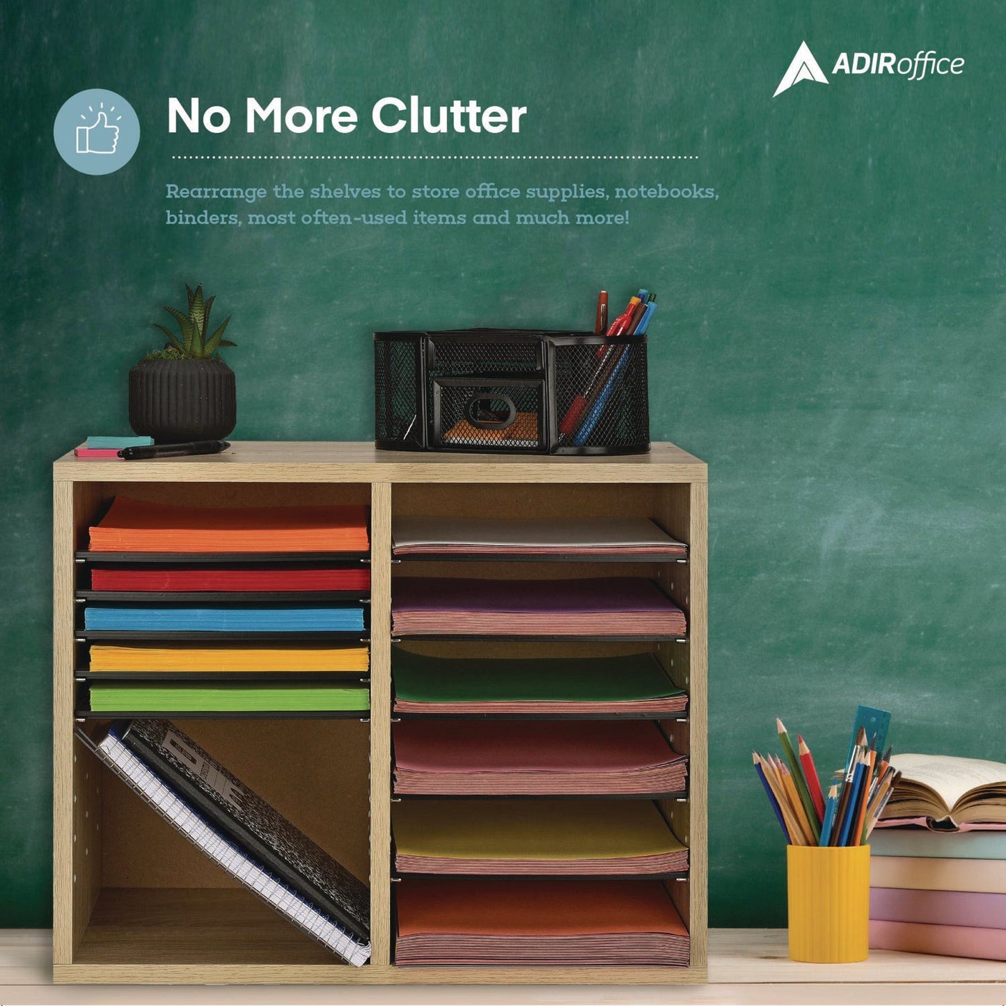 AdirOffice Wood Adjustable 12 Compartment Literature Organizer, 12 Sections, Letter Size, 20 x 11.8 x 16.3, Medium Oak