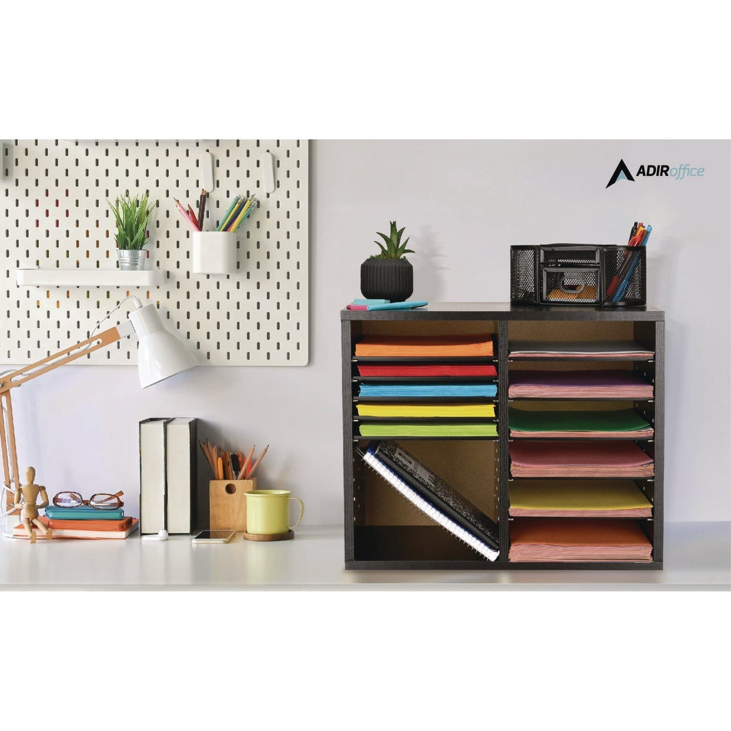 AdirOffice Wood Adjustable 12 Compartment Literature Organizer, 12 Sections, Letter Size, 20 x 11.8 x 16.3, Black