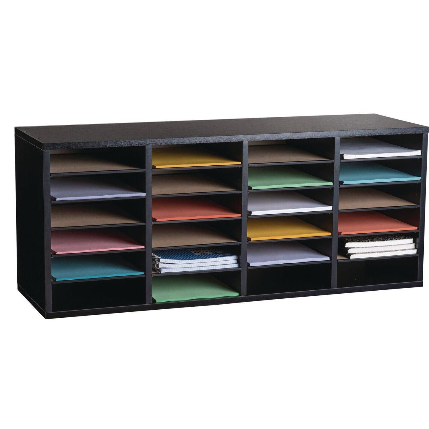 AdirOffice Wood Adjustable 24 Compartment Literature Organizer, 24 Sections, Letter Size, 39.3 x 11.8 x 16.3, Black