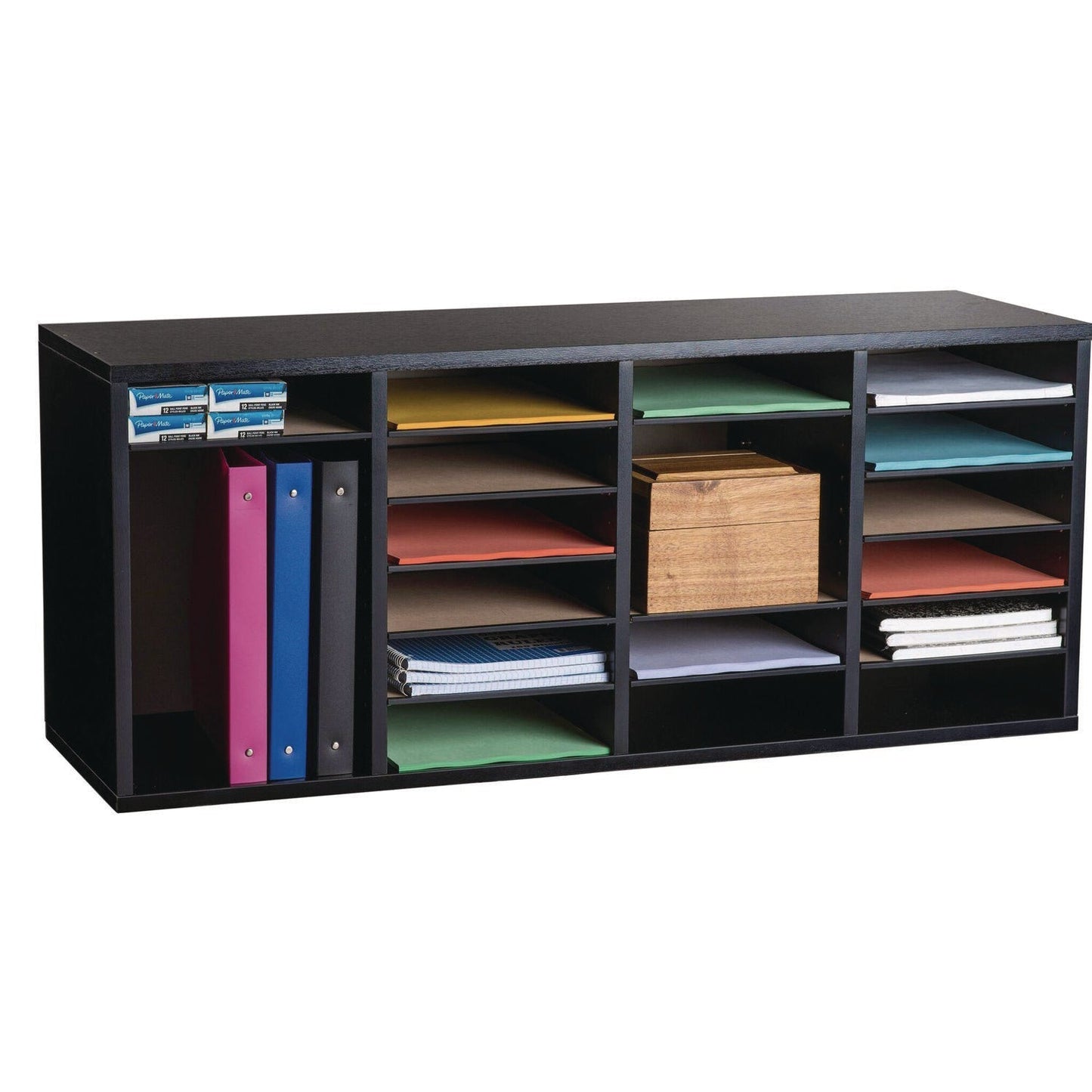 AdirOffice Wood Adjustable 24 Compartment Literature Organizer, 24 Sections, Letter Size, 39.3 x 11.8 x 16.3, Black