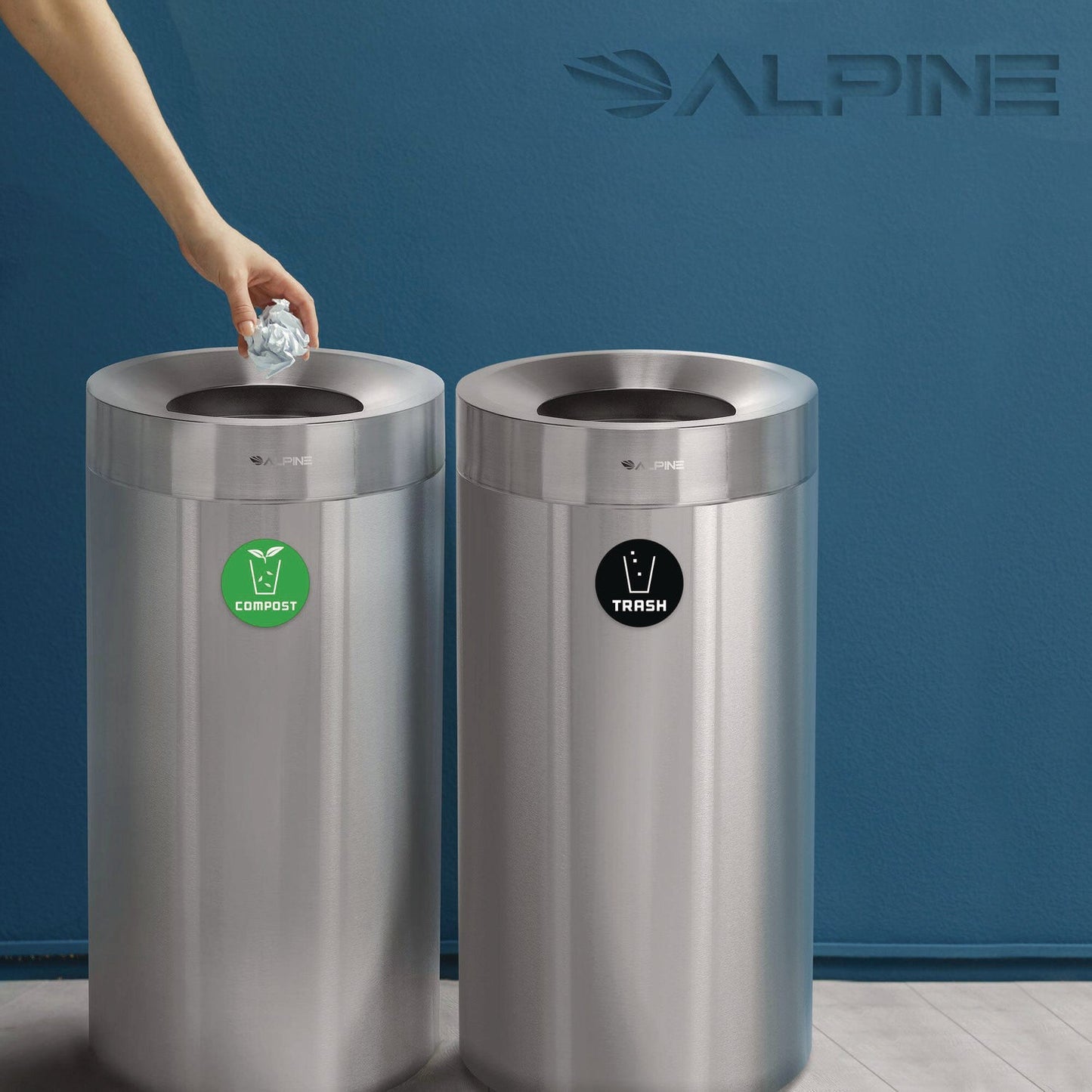 Alpine Industries 27 Gallon Stainless Steel Compost Bin and Trash Can, Brushed Stainless Steel