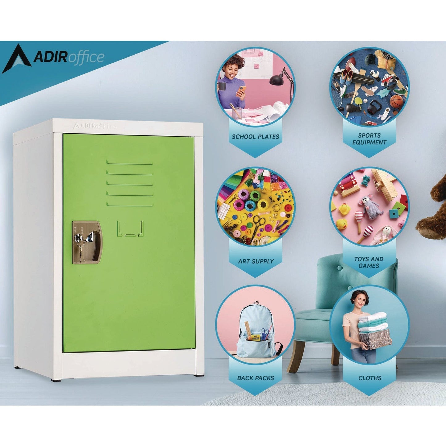 AdirOffice Steel Storage Locker, 1 Compartment, 15 x 15 x 24, Green