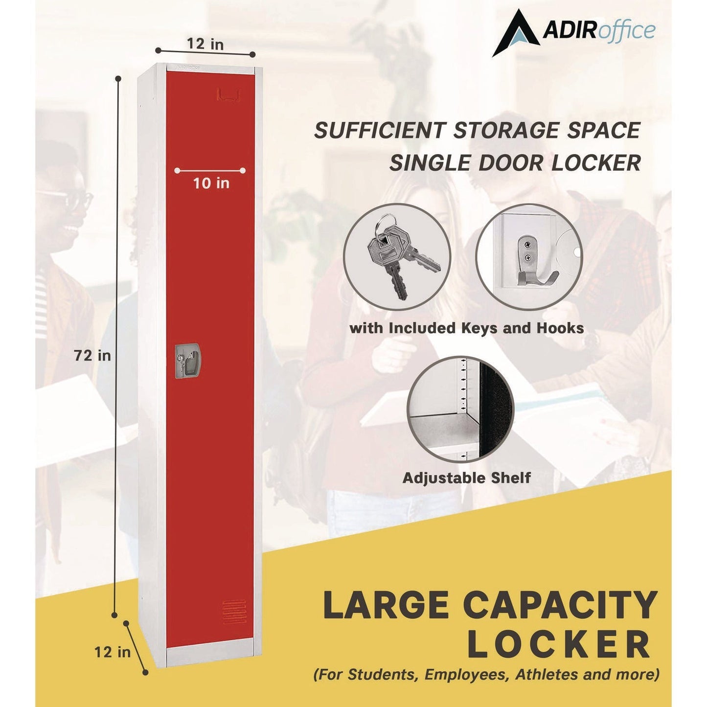 AdirOffice Steel Storage Locker, 1 Compartment, 12 x 12 x 72, Red