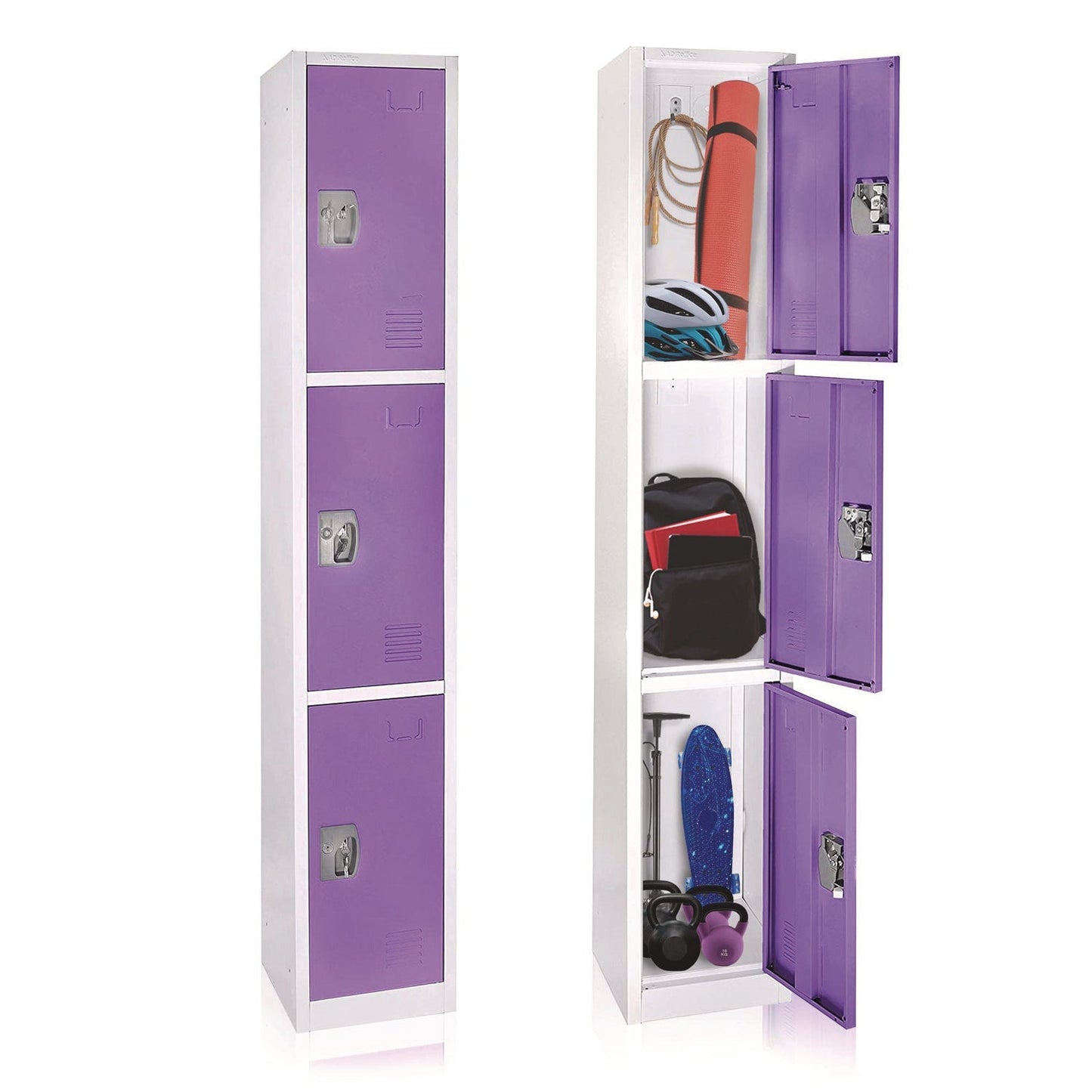 AdirOffice Steel Storage Locker, 3 Compartment, 12 x 12 x 72, Purple