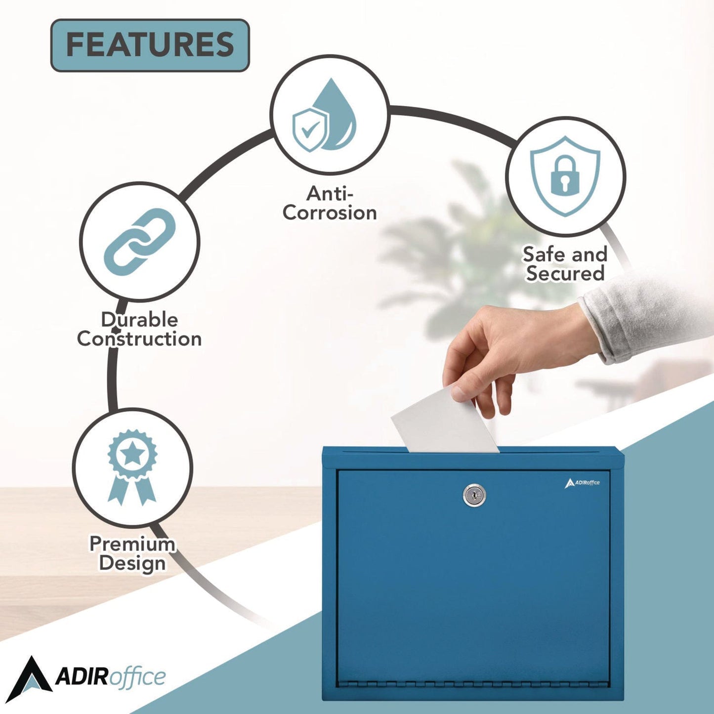 AdirOffice Large Size Steel Multi-Purpose Secure Drop Box, 12 x 3 x10, Blue