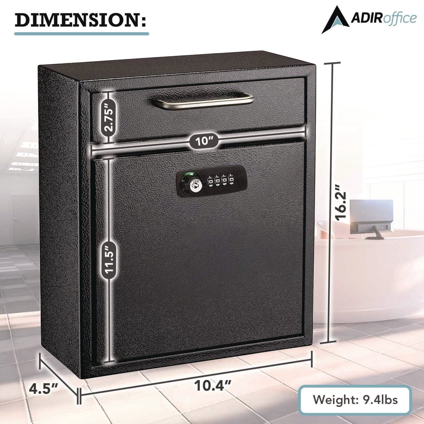AdirOffice Medium Secure Drop Box Wall Mounted Locking Mail Box with Key and Combination Lock, 10.51 x 4.72 x 12, Black