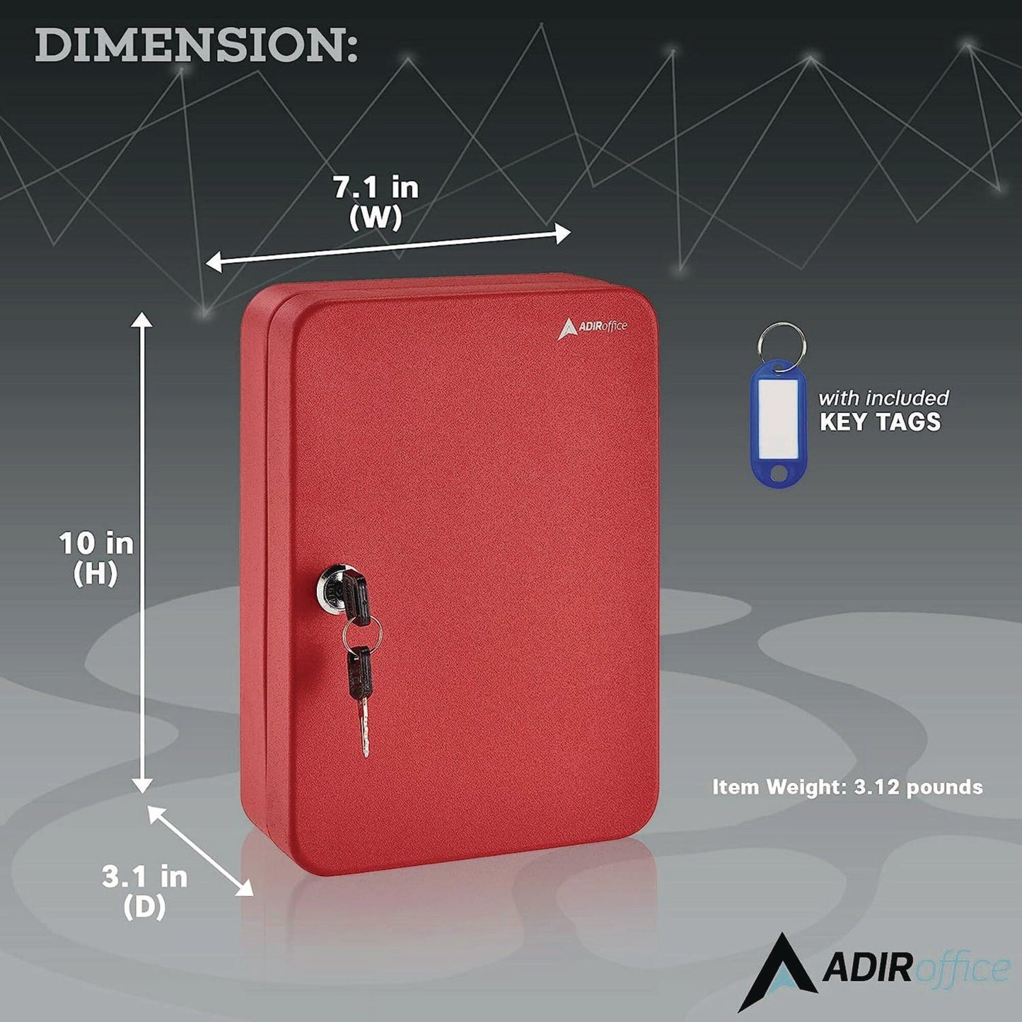 AdirOffice Steel Secure Key Cabinet with Key Lock, 48-Key, 7.1 x 3.1 x 10, Stainless Steel 304, Red