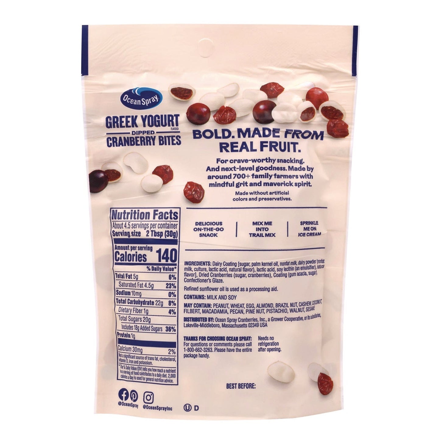 Ocean Spray® Greek Yogurt Dipped Cranberry Bites, Cranberry/Yogurt, 5 oz Bag, 12/Carton