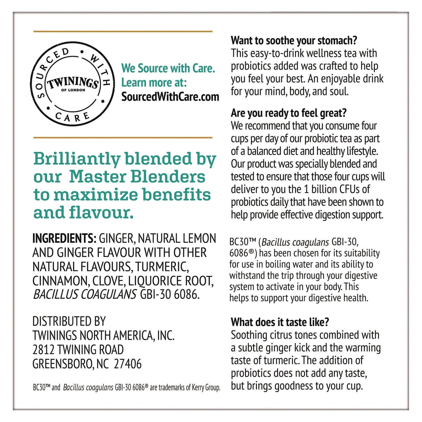 TWININGS® Probiotics+ Herbal Lemon and Ginger Tea, 24/Box