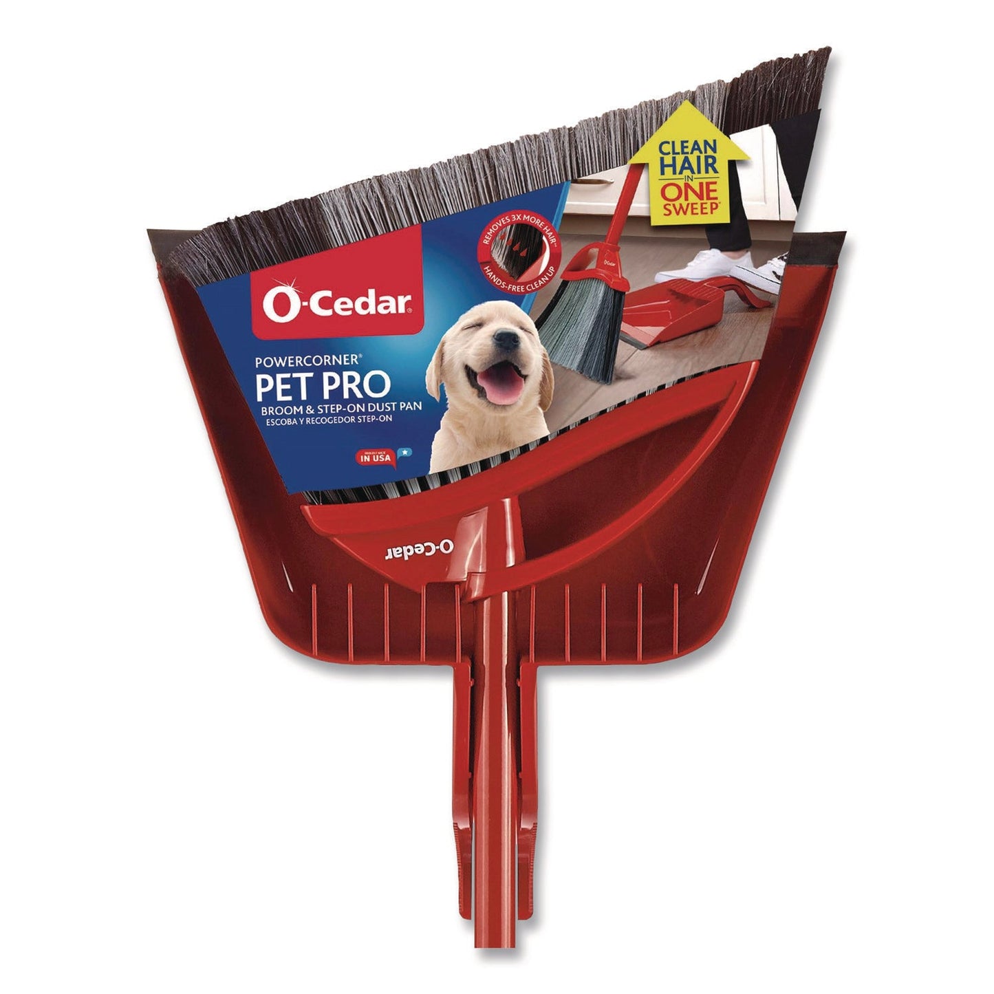 O-Cedar® PowerCorner Pet Pro Broom and Step-On Dust Pan, 48" Handle, Red/Black/Gray