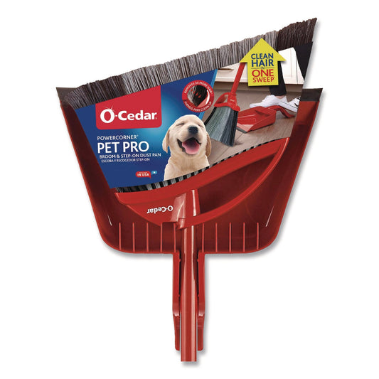O-Cedar® PowerCorner Pet Pro Broom and Step-On Dust Pan, 48" Handle, Red/Black/Gray