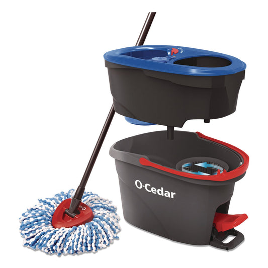 O-Cedar® EZWring RinseClean Spin Mop System, Blue/White Microfiber Head, Up to 51" Adjustable Red/Gray Handle